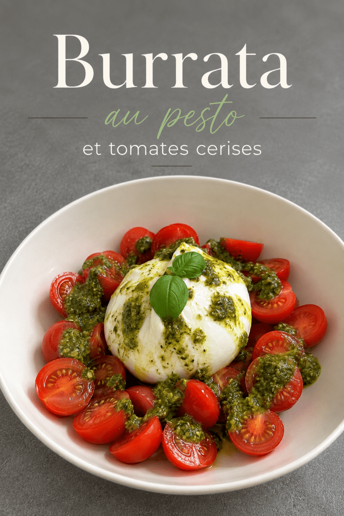 Salade fraîche de burrata crémeuse servie avec tomates cerises coupées, pesto vert, huile d’olive et feuilles de basilic dans une assiette creuse.