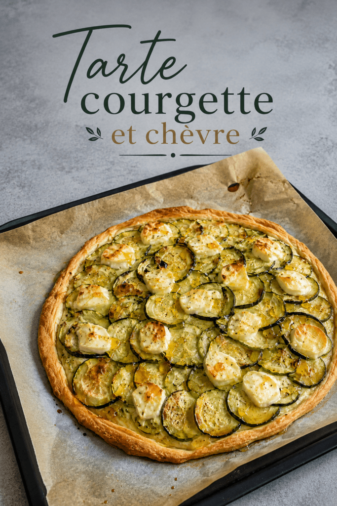 Tarte fine dorée aux courgettes en rondelles, fromage de chèvre fondant, miel brillant, huile d’olive et herbes de Provence sur pâte feuilletée.