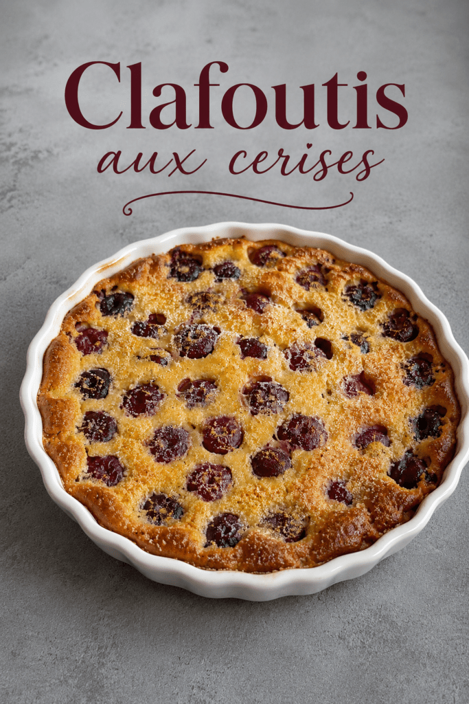 Clafoutis maison aux cerises et aux amandes doré au four, servi dans un plat à gratin avec une texture moelleuse et des cerises visibles.