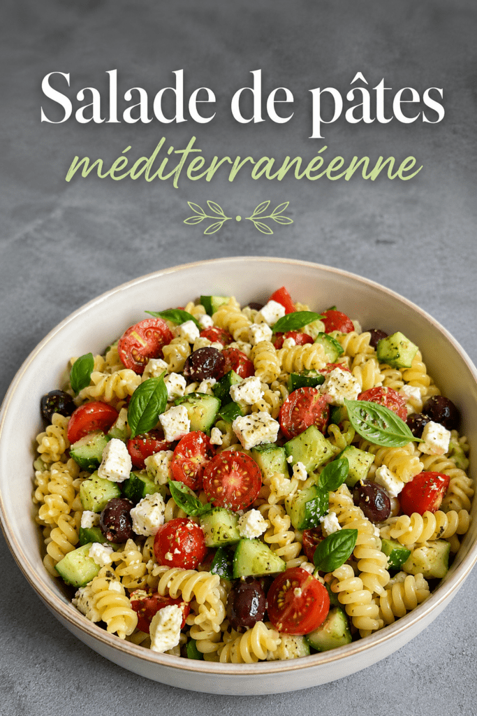 Salade de pâtes méditerranéenne colorée avec tomates cerises, concombre, feta en morceaux, olives noires, basilic frais et huile d’olive.
