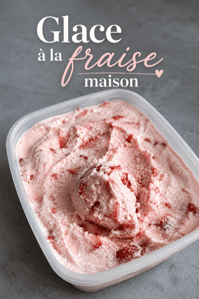 Glace maison à la fraise sans sorbetière, servie en boules crémeuses avec une couleur rose naturelle et des fraises fraîches.