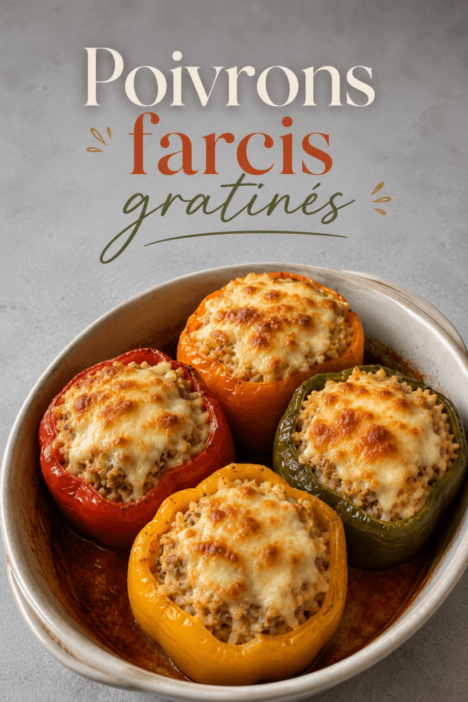 Poivrons farcis au thon, riz, sauce tomate et fromage râpé gratiné, servis dans un plat de cuisson avec une garniture généreuse et colorée.