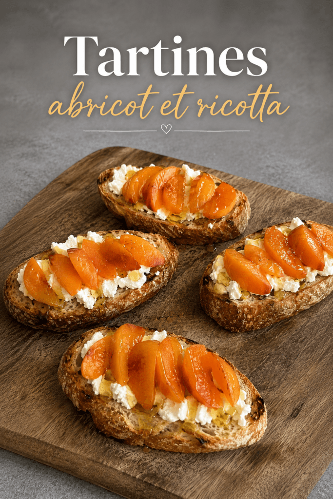 Bruschettas dorées garnies de fromage de chèvre frais, fines tranches d’abricots, filet de miel et poivre sur pain grillé.