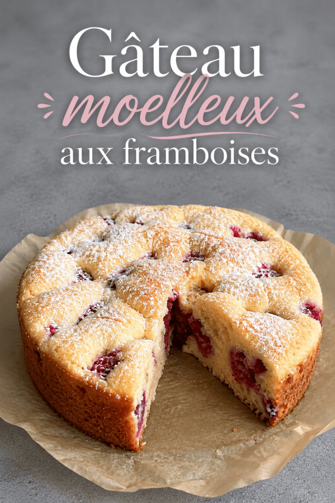 Gâteau moelleux citron framboise sans beurre, doré au four, avec une mie légère, des framboises visibles et un zeste de citron frais.