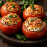 Tomates farcies au poulet et fromage blanc gratinées au four, servies sur une planche rustique avec basilic frais et salade verte.