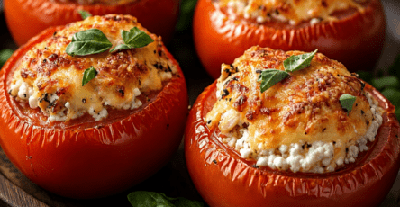 Tomates farcies au poulet et fromage blanc gratinées au four, servies sur une planche rustique avec basilic frais et salade verte.