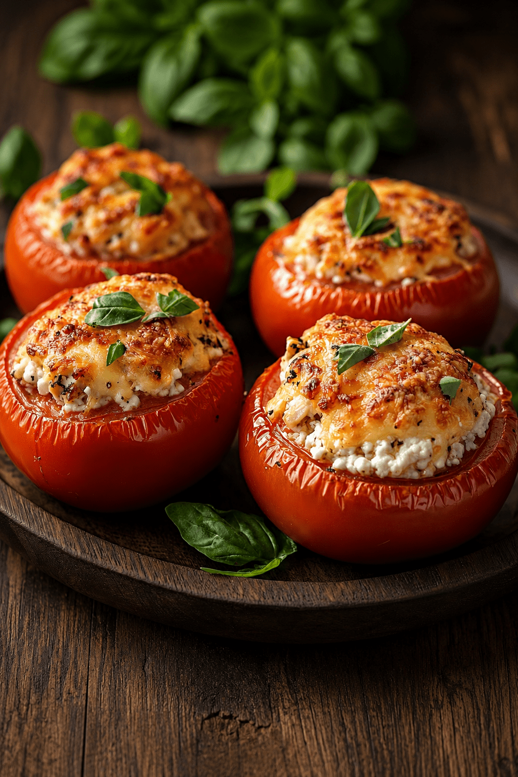Tomates farcies au poulet et fromage blanc gratinées au four, servies sur une planche rustique avec basilic frais et salade verte.