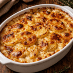 Gratin dauphinois traditionnel doré au four, préparé avec des pommes de terre fondantes, de la crème, du lait, de l’ail et une pointe de muscade.
