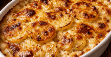 Gratin dauphinois traditionnel doré au four, préparé avec des pommes de terre fondantes, de la crème, du lait, de l’ail et une pointe de muscade.