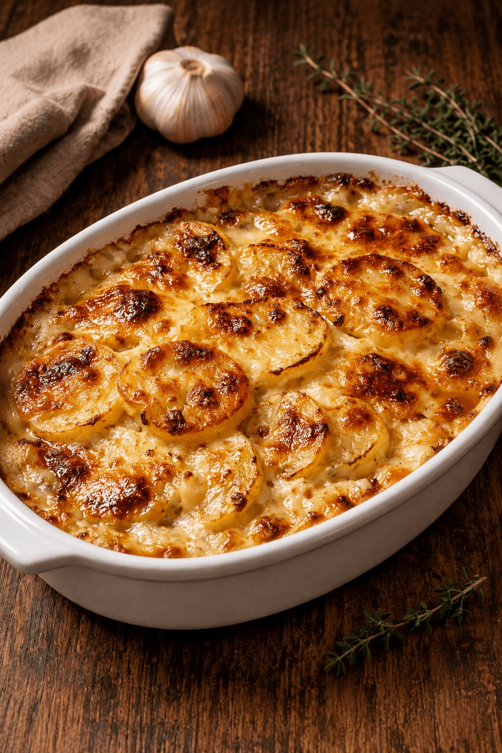 Gratin dauphinois traditionnel doré au four, préparé avec des pommes de terre fondantes, de la crème, du lait, de l’ail et une pointe de muscade.