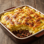 Hachis Parmentier maison doré au four, préparé avec une purée de pommes de terre fondante, une garniture de bœuf mijoté et du fromage gratiné.