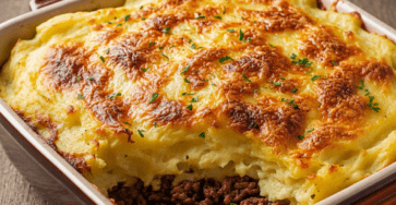 Hachis Parmentier maison doré au four, préparé avec une purée de pommes de terre fondante, une garniture de bœuf mijoté et du fromage gratiné.