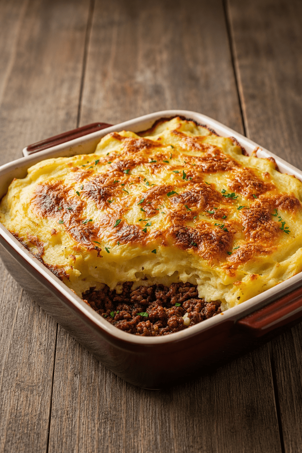 Hachis Parmentier maison doré au four, préparé avec une purée de pommes de terre fondante, une garniture de bœuf mijoté et du fromage gratiné.