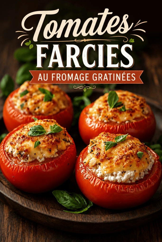 Tomates farcies au poulet et fromage blanc gratinées au four, servies sur une planche rustique avec basilic frais et salade verte.