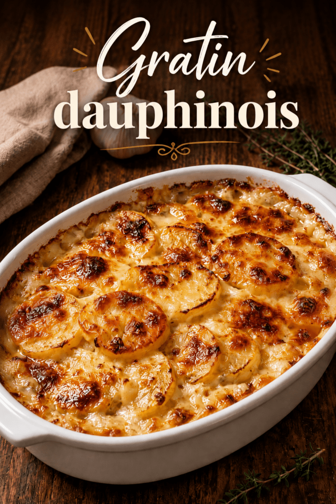 Gratin dauphinois traditionnel doré au four, préparé avec des pommes de terre fondantes, de la crème, du lait, de l’ail et une pointe de muscade.