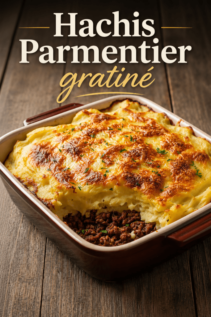 Hachis Parmentier maison doré au four, préparé avec une purée de pommes de terre fondante, une garniture de bœuf mijoté et du fromage gratiné.