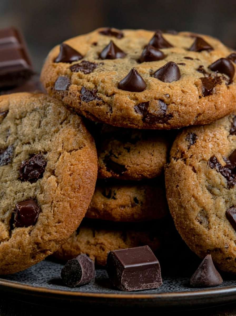 Cookies aux pépites de chocolat noir faits maison, dorés sur les bords et moelleux au centre, servis sur une assiette avec quelques pépites fondantes.