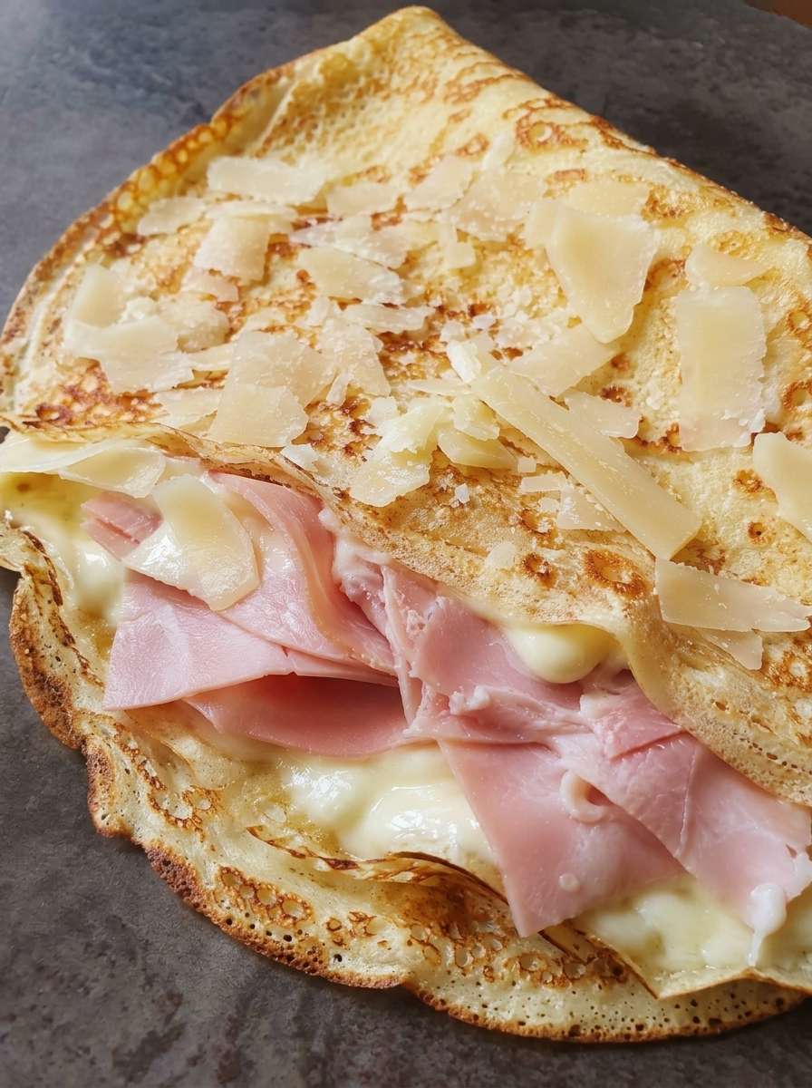 Crêpe savoyarde dorée garnie de jambon blanc, fromage fondant, crème fraîche et copeaux de parmesan, servie chaude dans une assiette.