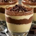 Verrines de tiramisu au chocolat avec crème mascarpone onctueuse, biscuits émiettés, cacao en poudre et copeaux de chocolat noir sur le dessus.
