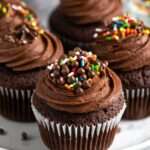 Cupcakes au chocolat faits maison avec glaçage chocolat fondant, décorations colorées et texture moelleuse, présentés sur une assiette de dessert.