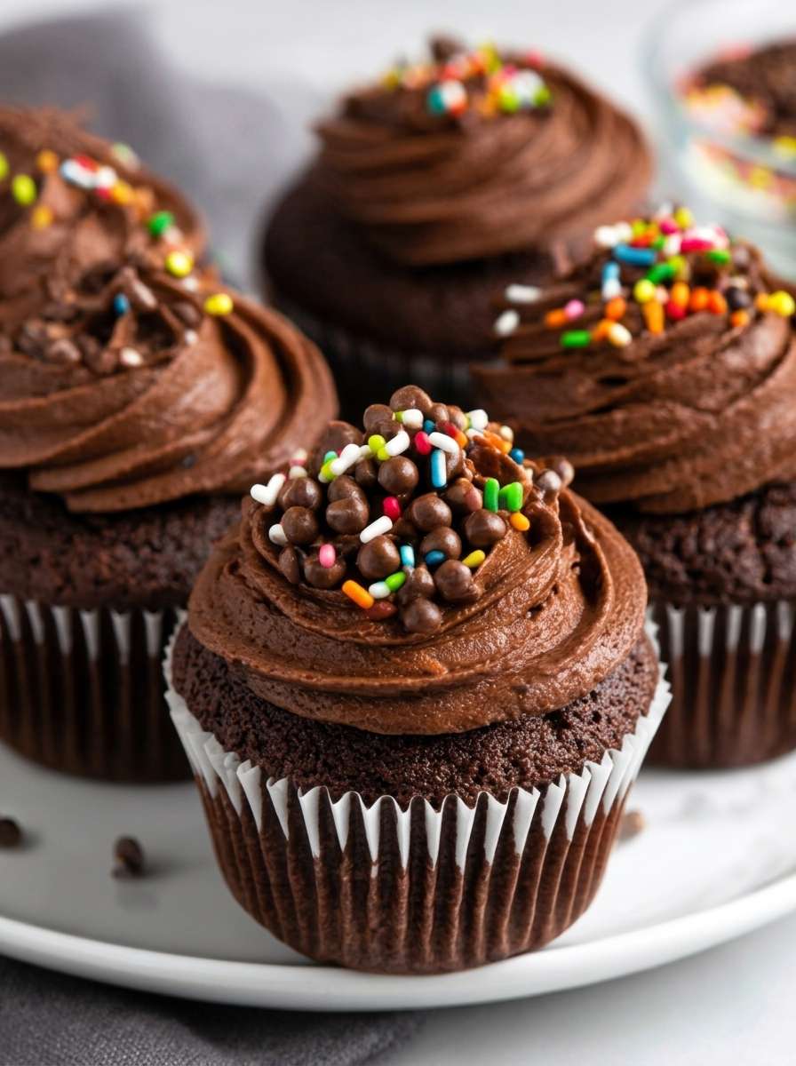 Cupcakes au chocolat faits maison avec glaçage chocolat fondant, décorations colorées et texture moelleuse, présentés sur une assiette de dessert.
