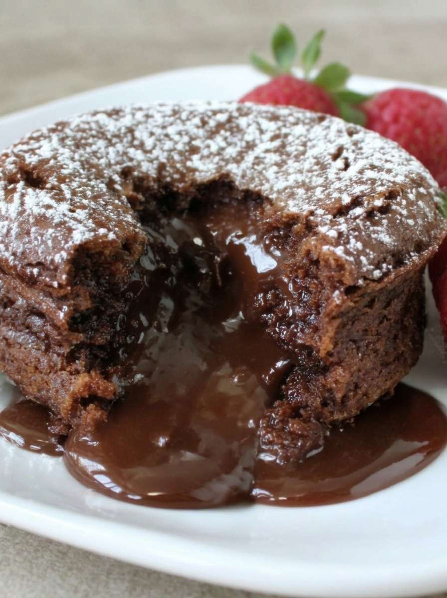 Fondant au chocolat individuel avec cœur coulant, saupoudré de sucre glace et décoré de fraises fraîches dans une assiette de dessert.