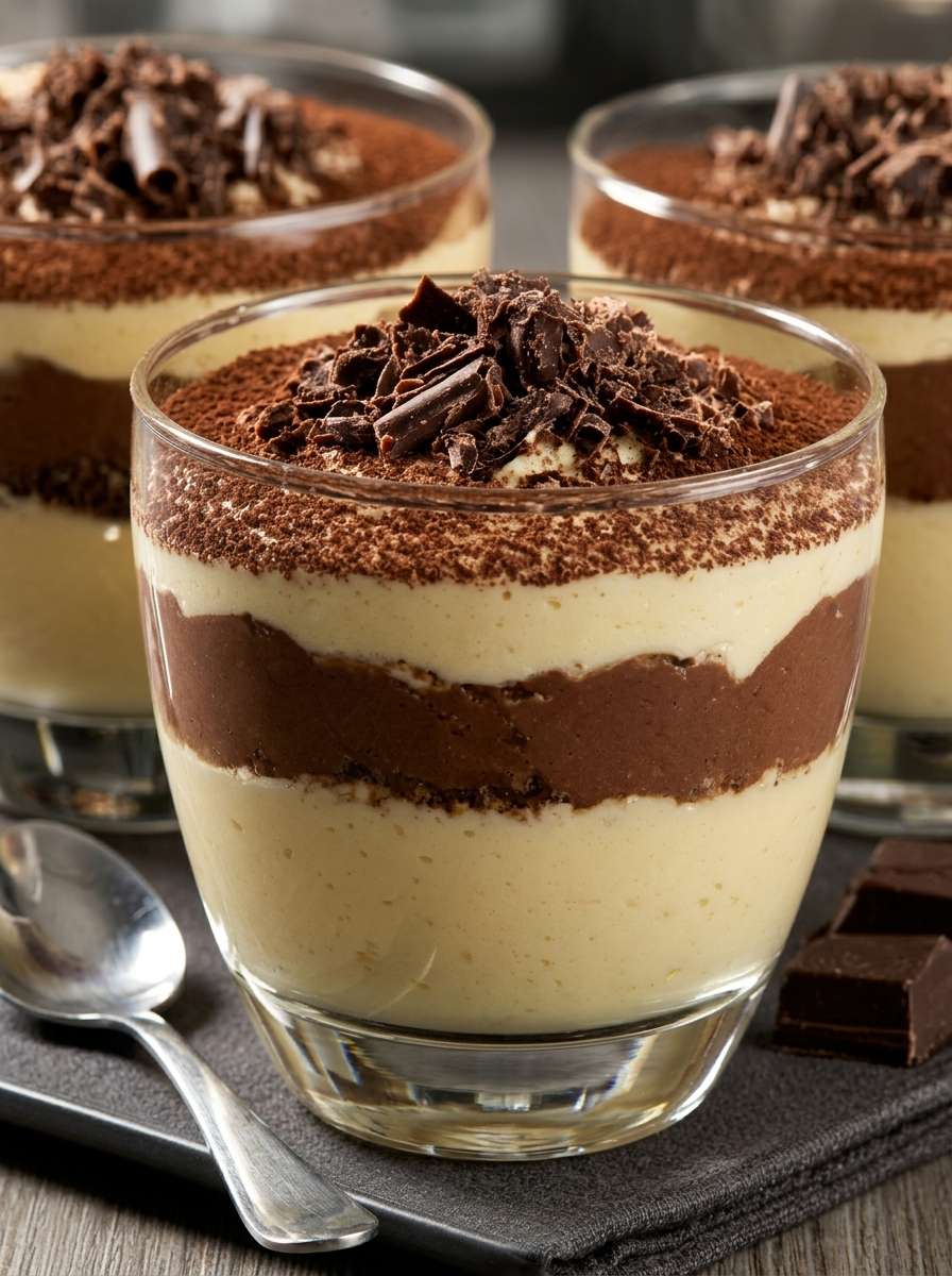Verrines de tiramisu au chocolat avec crème mascarpone onctueuse, biscuits émiettés, cacao en poudre et copeaux de chocolat noir sur le dessus.
