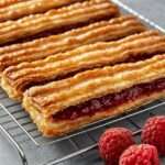 Feuilletés croustillants garnis d’une purée sucrée de pomme de terre et de framboise, dorés au four, saupoudrés de sucre glace et servis avec des framboises fraîches.