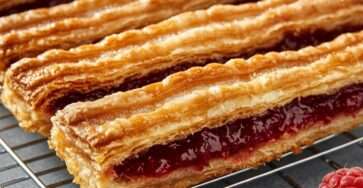 Feuilletés croustillants garnis d’une purée sucrée de pomme de terre et de framboise, dorés au four, saupoudrés de sucre glace et servis avec des framboises fraîches.