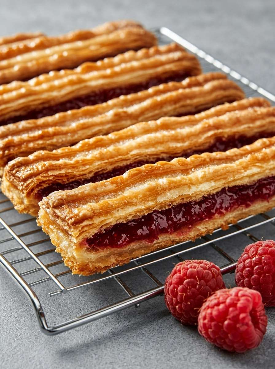 Feuilletés croustillants garnis d’une purée sucrée de pomme de terre et de framboise, dorés au four, saupoudrés de sucre glace et servis avec des framboises fraîches.
