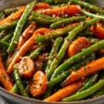 Poêlée de haricots verts frais et carottes sautés aux herbes, servie chaude avec ail, oignon, thym et persil frais dans une assiette maison.
