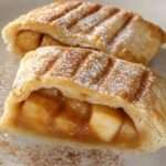 Chaussons feuilletés dorés garnis de pomme de terre fondante, pommes caramélisées et cannelle, saupoudrés de sucre glace et servis tièdes.