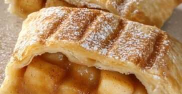 Chaussons feuilletés dorés garnis de pomme de terre fondante, pommes caramélisées et cannelle, saupoudrés de sucre glace et servis tièdes.