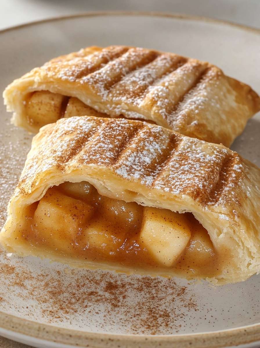 Chaussons feuilletés dorés garnis de pomme de terre fondante, pommes caramélisées et cannelle, saupoudrés de sucre glace et servis tièdes.