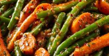 Poêlée de haricots verts frais et carottes sautés aux herbes, servie chaude avec ail, oignon, thym et persil frais dans une assiette maison.