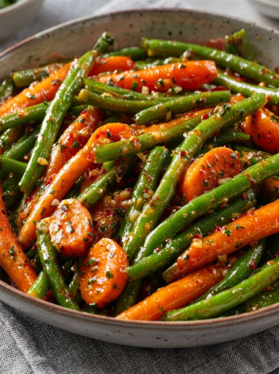 Poêlée de haricots verts frais et carottes sautés aux herbes, servie chaude avec ail, oignon, thym et persil frais dans une assiette maison.