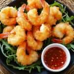 Crevettes panées croustillantes dorées servies sur un lit de roquette fraîche avec un bol de sauce pimentée sucrée à l’ail et au citron.