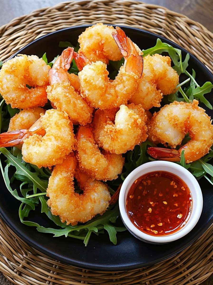 Crevettes panées croustillantes dorées servies sur un lit de roquette fraîche avec un bol de sauce pimentée sucrée à l’ail et au citron.