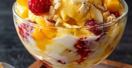 Coupe glacée tropicale servie dans un verre avec boules de glace vanille et mangue, dés de mangue fraîche, framboises, coulis fruité et amandes effilées grillées.