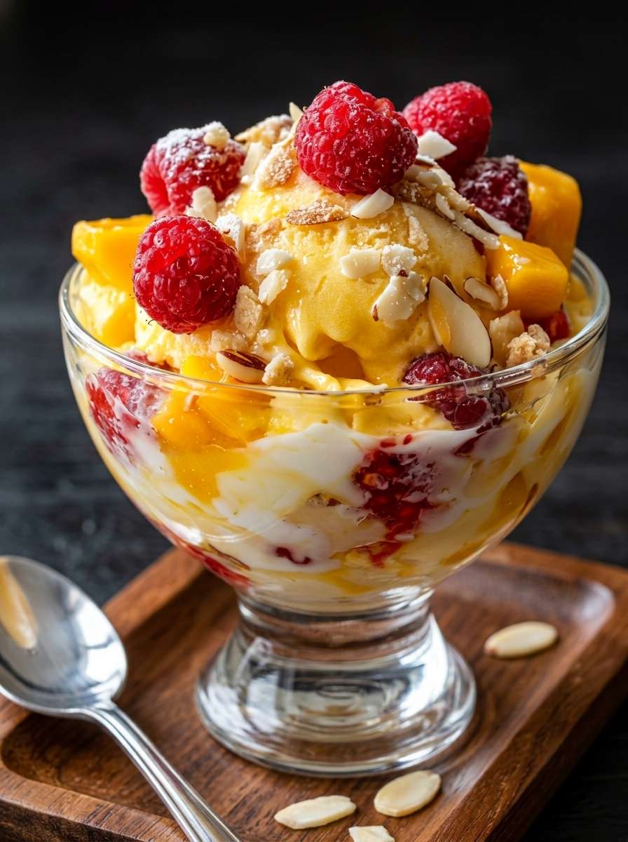 Coupe glacée tropicale servie dans un verre avec boules de glace vanille et mangue, dés de mangue fraîche, framboises, coulis fruité et amandes effilées grillées.