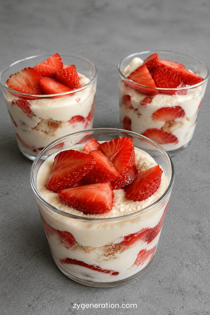 Verrines de tiramisu aux fraises avec crème mascarpone onctueuse, morceaux de fraises fraîches et biscuits à la cuillère, servies bien froides.