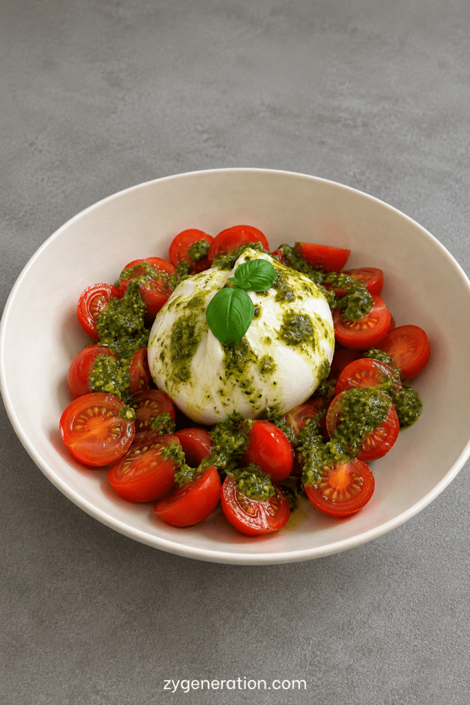 Salade fraîche de burrata crémeuse servie avec tomates cerises coupées, pesto vert, huile d’olive et feuilles de basilic dans une assiette creuse.