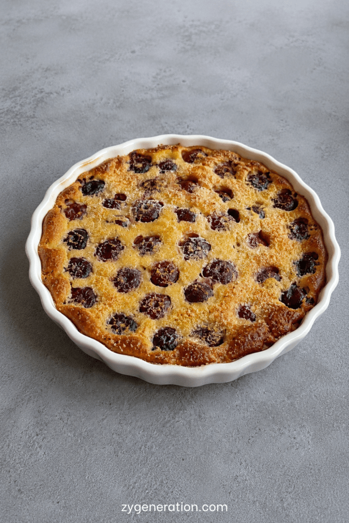 Clafoutis maison aux cerises et aux amandes doré au four, servi dans un plat à gratin avec une texture moelleuse et des cerises visibles.