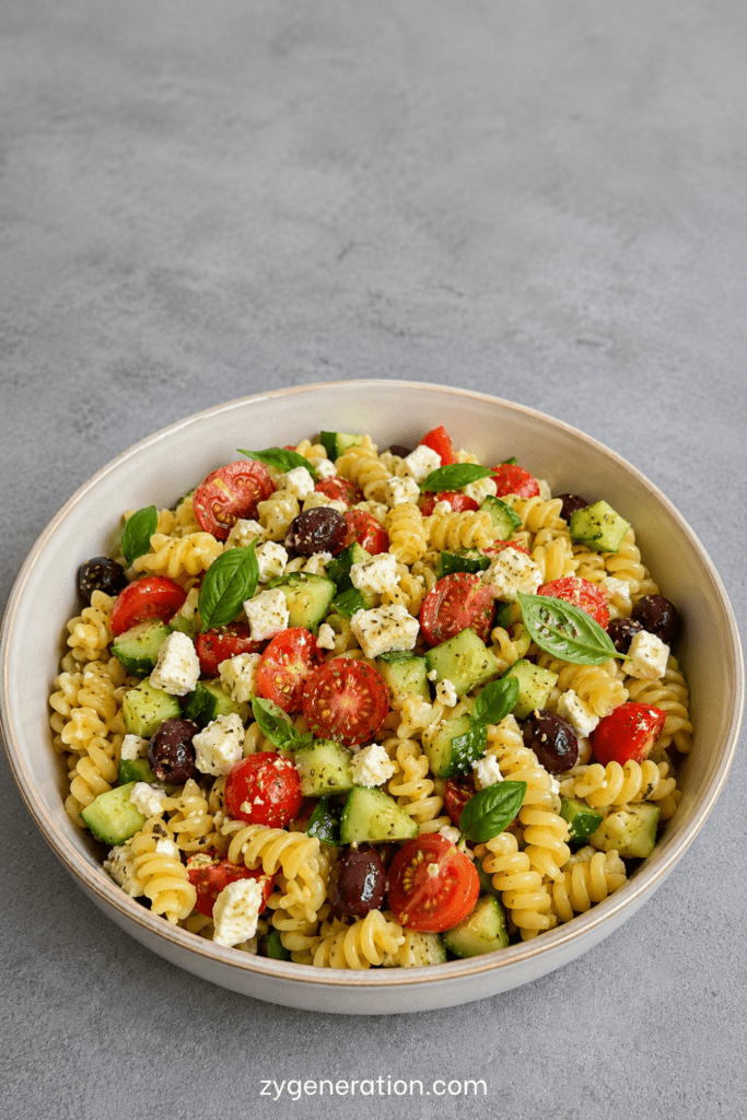 Salade de pâtes méditerranéenne colorée avec tomates cerises, concombre, feta en morceaux, olives noires, basilic frais et huile d’olive.