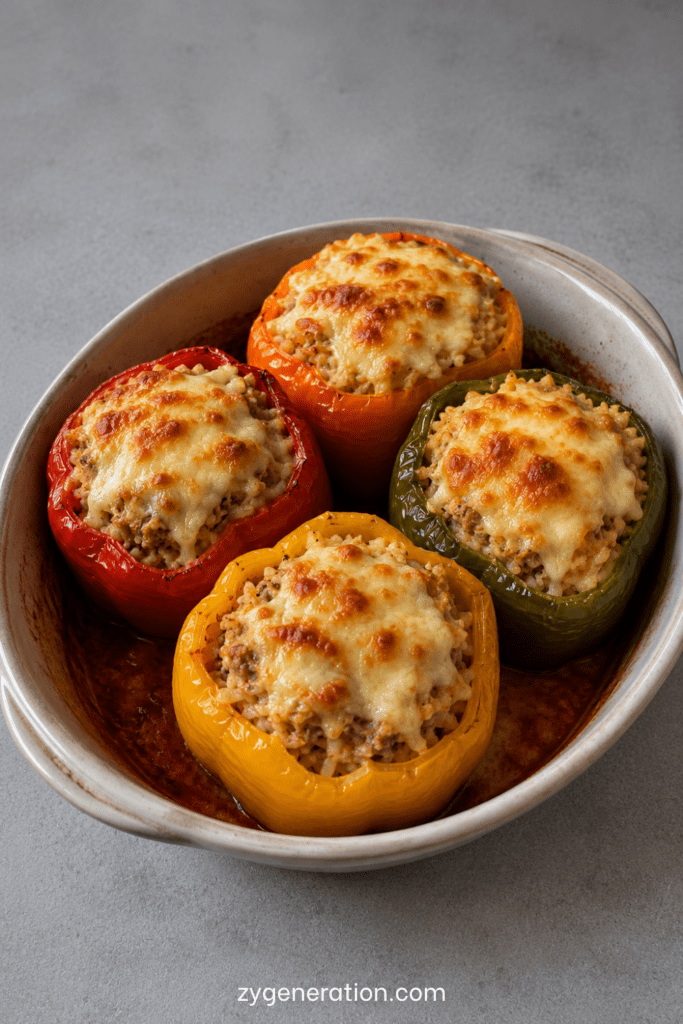 Poivrons farcis au thon, riz, sauce tomate et fromage râpé gratiné, servis dans un plat de cuisson avec une garniture généreuse et colorée.