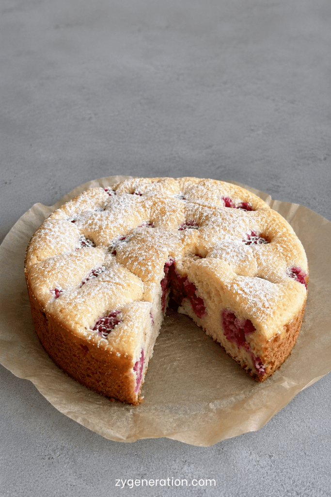Gâteau moelleux citron framboise sans beurre, doré au four, avec une mie légère, des framboises visibles et un zeste de citron frais.