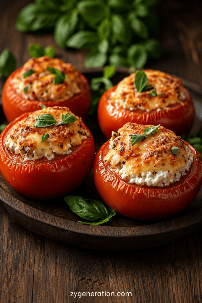 Tomates farcies au poulet et fromage blanc gratinées au four, servies sur une planche rustique avec basilic frais et salade verte.