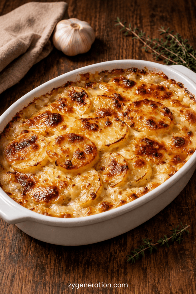 Gratin dauphinois traditionnel doré au four, préparé avec des pommes de terre fondantes, de la crème, du lait, de l’ail et une pointe de muscade.