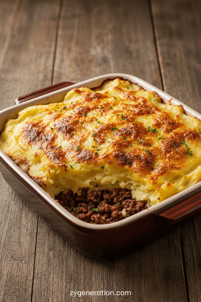 Hachis Parmentier maison doré au four, préparé avec une purée de pommes de terre fondante, une garniture de bœuf mijoté et du fromage gratiné.