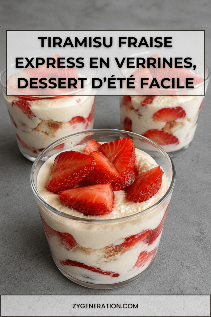 Verrines de tiramisu aux fraises avec crème mascarpone onctueuse, morceaux de fraises fraîches et biscuits à la cuillère, servies bien froides.
